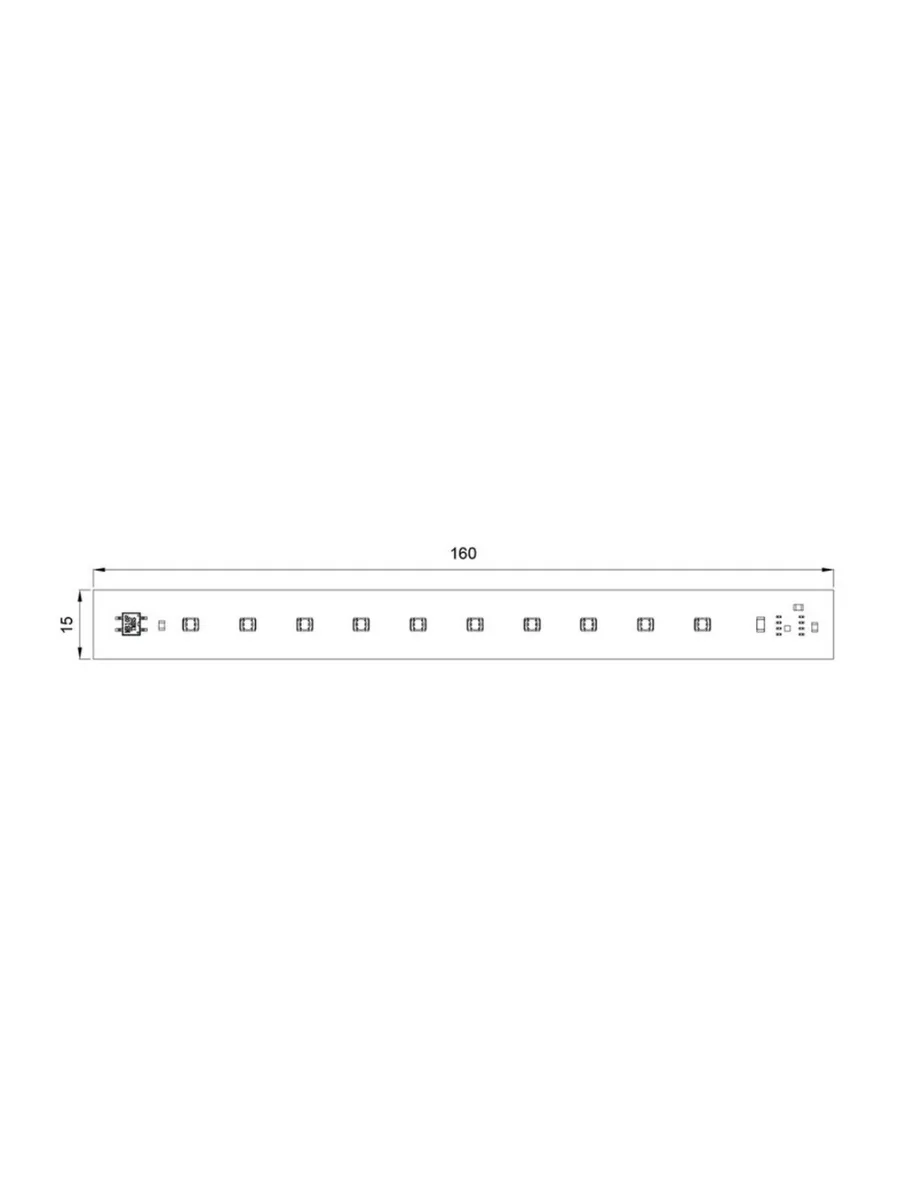 Габаритный чертёж LED-модуля: плата 160 × 15 мм, кабель 200 мм